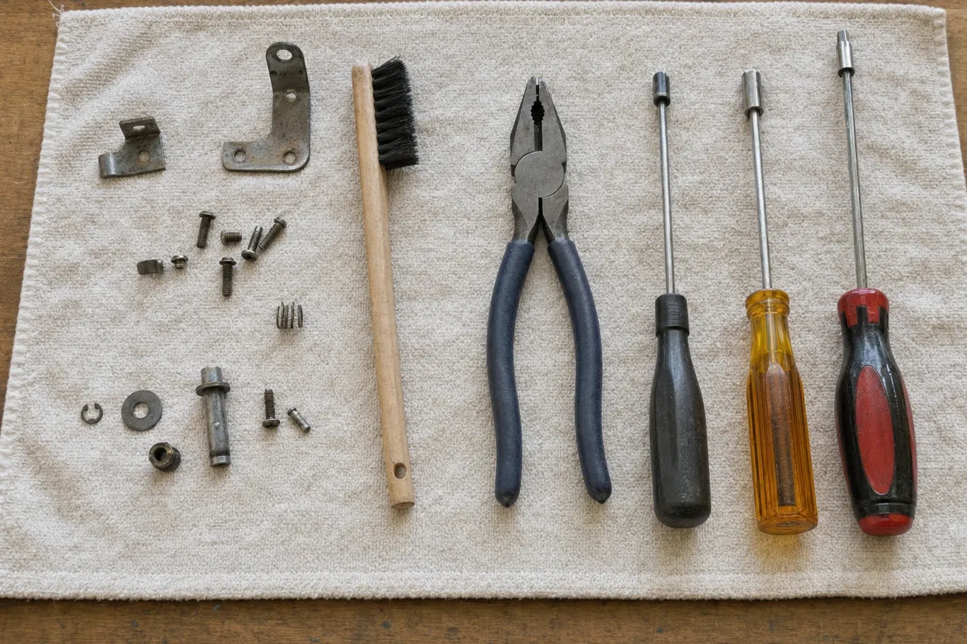 A wire brush, lineman’s pliers and three nut drivers laid on a cloth beside two flat mounting brackets, a coil spring and a scatter of machine screws