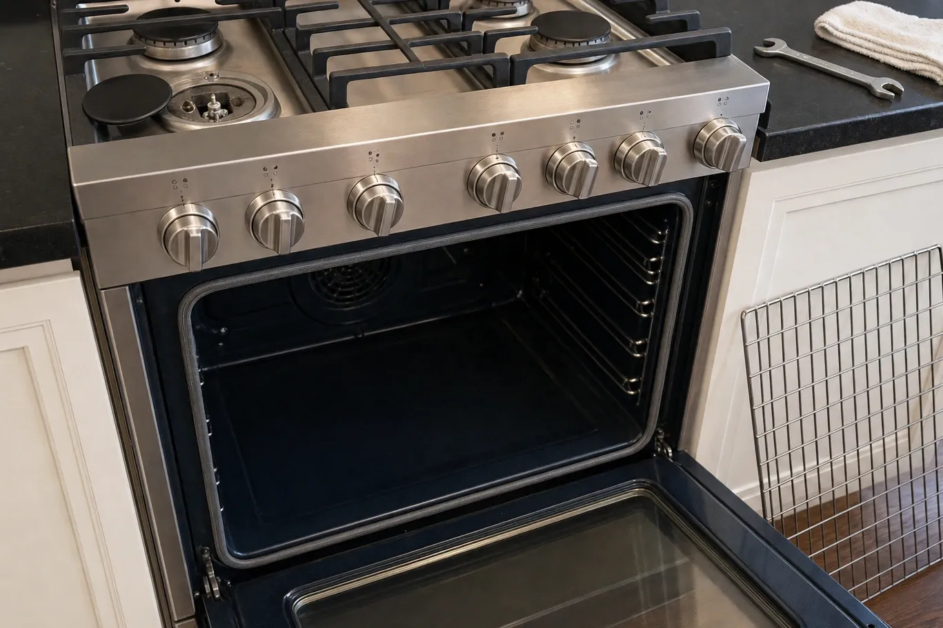 Stainless gas range with its oven door open on an empty cavity, the round convection fan cover visible at the back and one burner cap lifted off the cooktop